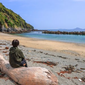 答志大間の浜の漂流物に座る人