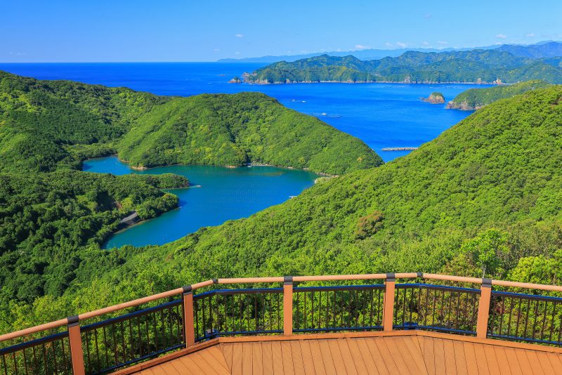 見江島展望台の写真「見晴台から眺めるハートの入江とリアス海岸」