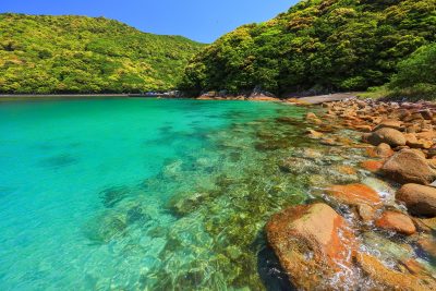 阿古師神社の写真「参道の前に広がるエメラルドグリーンの二木島湾」