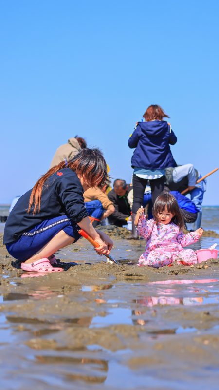 御殿場海岸の写真「潮干狩りの黙々とする親子」