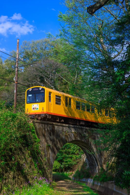 三岐鉄道北勢線の写真「ねじり橋を渡るイエロー車両」