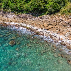 盛松の写真「柱状節理の岩が並ぶ砂浜」