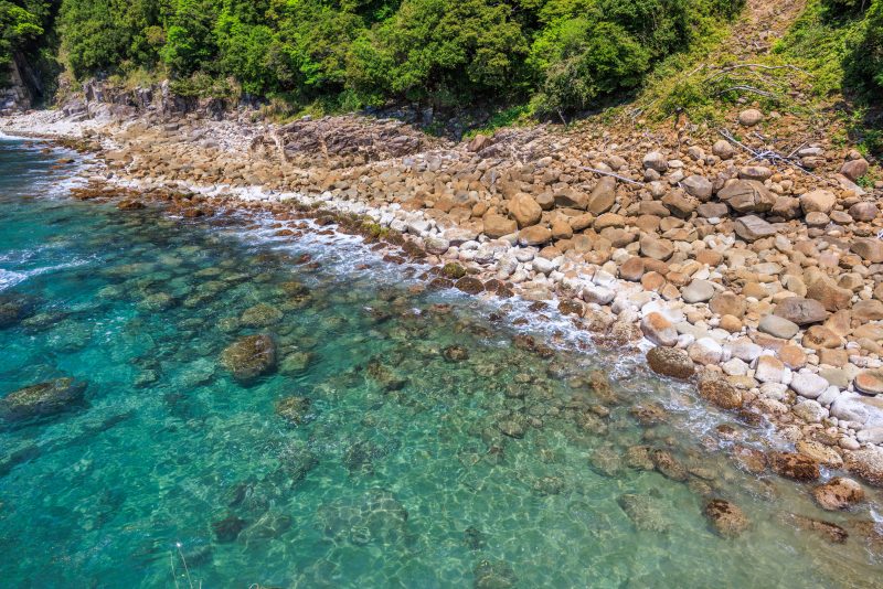 盛松の写真「柱状節理の岩が並ぶ砂浜」
