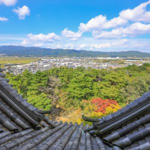 伊賀上野城の展望窓から滋賀方面を見渡す