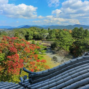 伊賀上野城の展望窓から津方面を見渡す