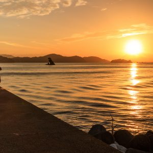 桃取港の堤防から眺める夕焼け