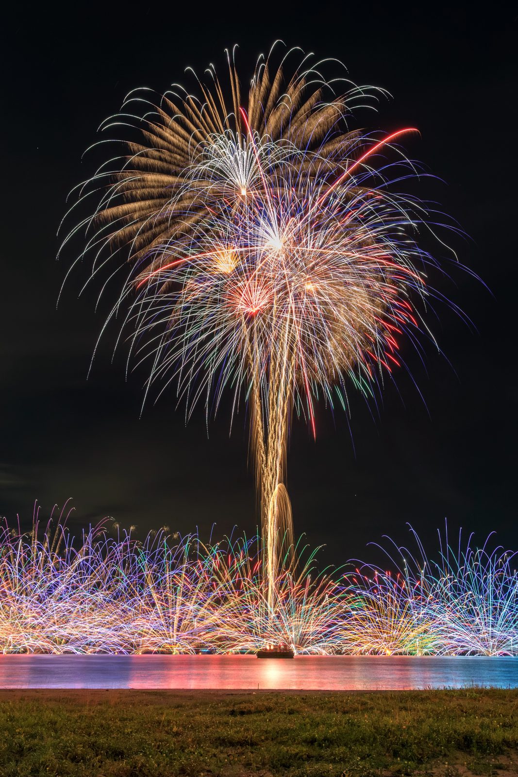 津花火大会の写真「水上孔雀の舞（縦）【2024年】」