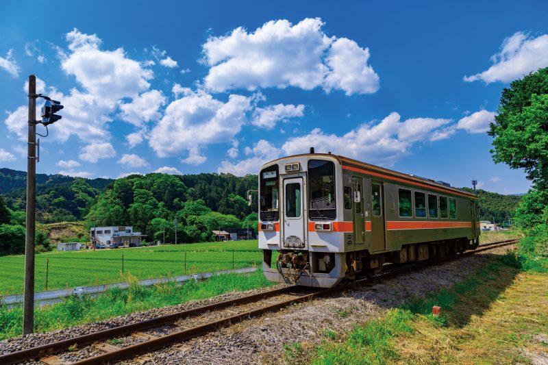 名松線の写真「家城の新緑と青空を走る名松線」