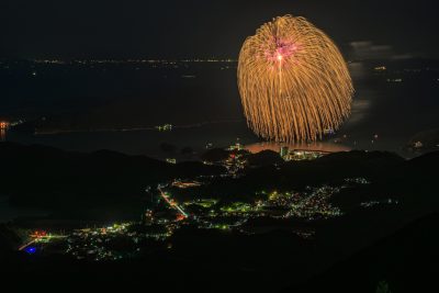 無料壁紙 朝熊山頂展望台から眺める九鬼水軍大花火の正三尺玉と鳥羽の町並み。PCとデスクトップ壁紙に最適な4K高画質の無料壁紙。三重県伊勢市の伊勢志摩スカイラインで撮影したフリー写真素材