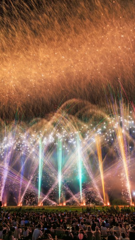 亀山市関宿納涼花火大会の写真「虹色の花火に圧倒される観客」