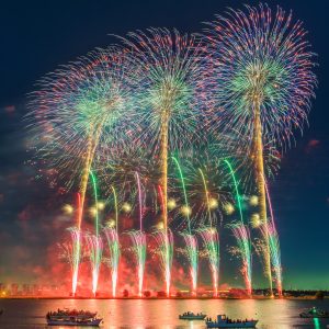 桑名水郷花火大会の写真「青の連発花火」