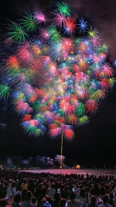 無料スマホ壁紙「夜空を虹色に飾る花火」