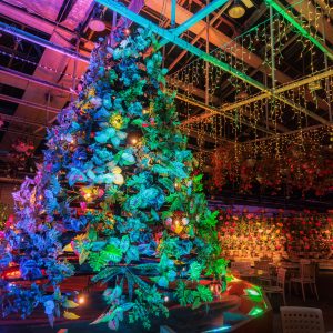 無料壁紙 巨大なクリスマスツリーがあるガーデンカフェ。PCとデスクトップ壁紙に最適な4K高画質の無料壁紙。三重県桑名市のなばなの里で撮影したフリー写真素材