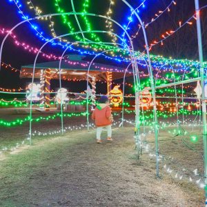 無料壁紙 光のトンネルを歩く子供。PCとデスクトップ壁紙に最適な4K高画質の無料壁紙。三重県紀宝町の光の祭典 in 紀宝で撮影したフリー写真素材