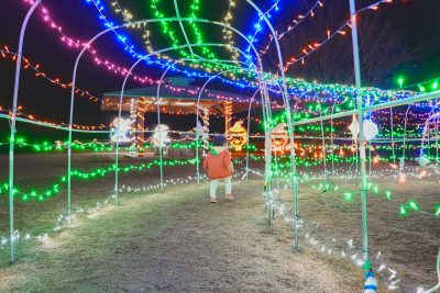 無料壁紙 光のトンネルを歩く子供。PCとデスクトップ壁紙に最適な4K高画質の無料壁紙。三重県紀宝町の光の祭典 in 紀宝で撮影したフリー写真素材