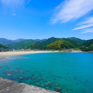 大泊海水浴場を港から眺める