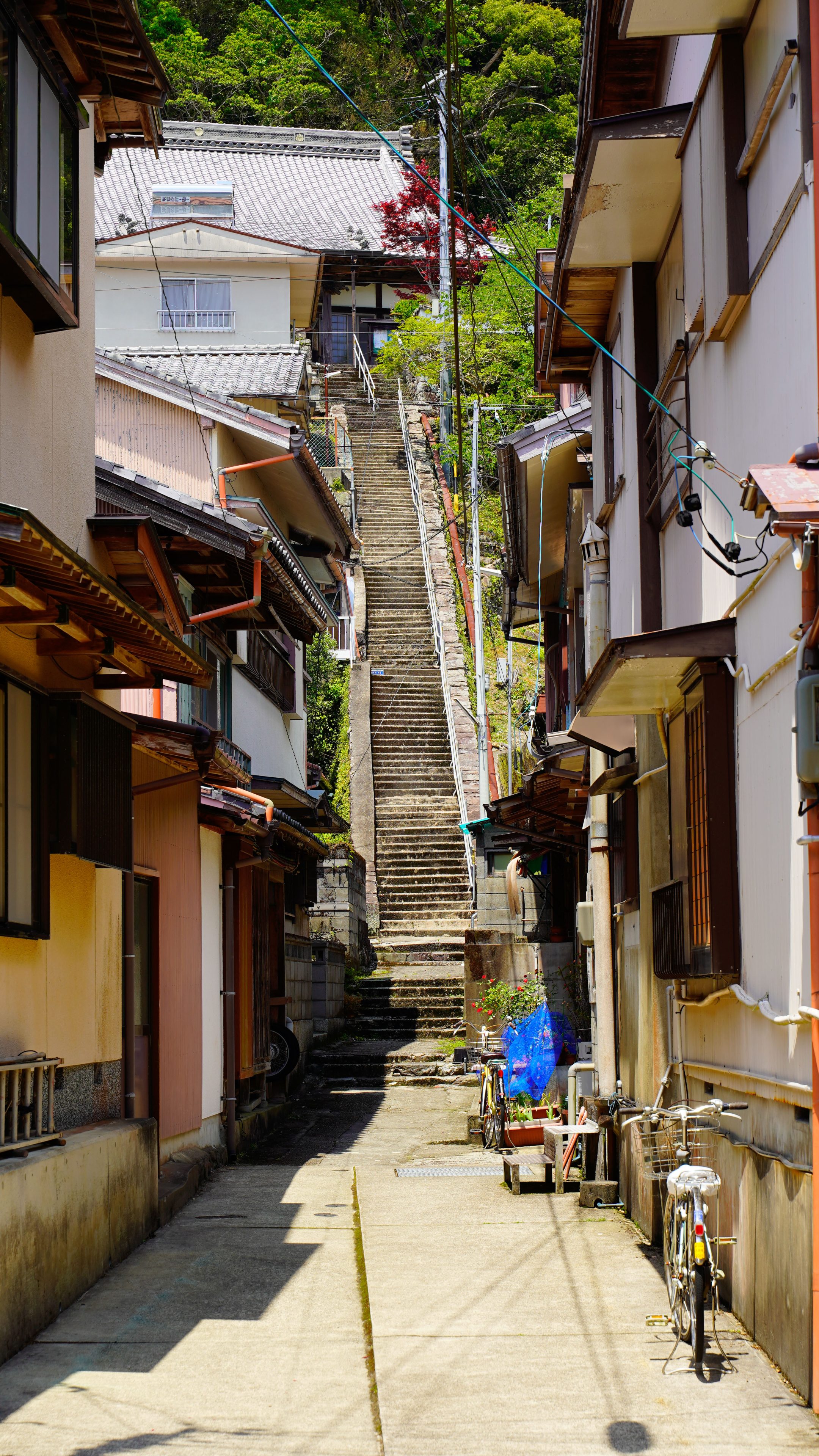 無料スマホ壁紙 お寺へ続く階段。AndroidとiPhoneに対応した4K高画質の無料待ち受け画像。三重県尾鷲市の須賀利町で撮影したフリー写真素材