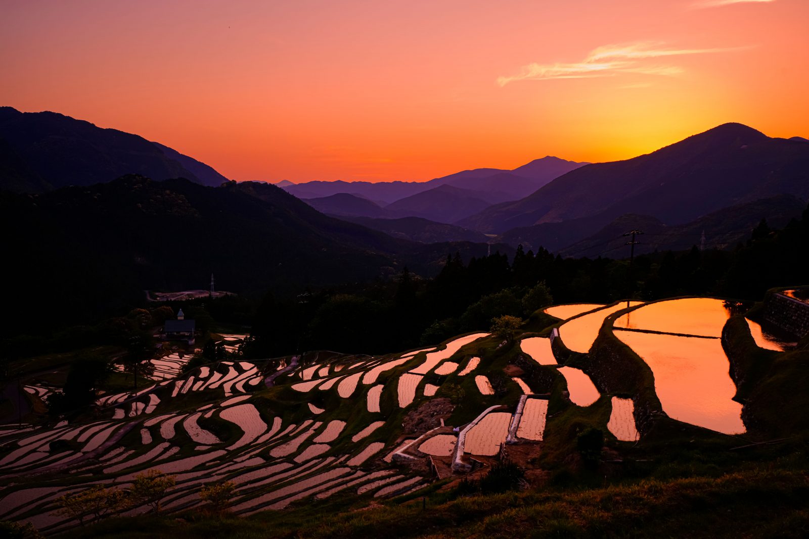 丸山千枚田の写真「棚田に映る夕焼け」