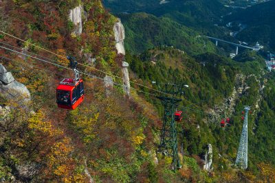 御在所ロープウエイの写真「御在所岳を登るゴンドラたち」