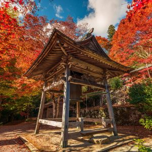 秋空と紅葉の八角銅鐘