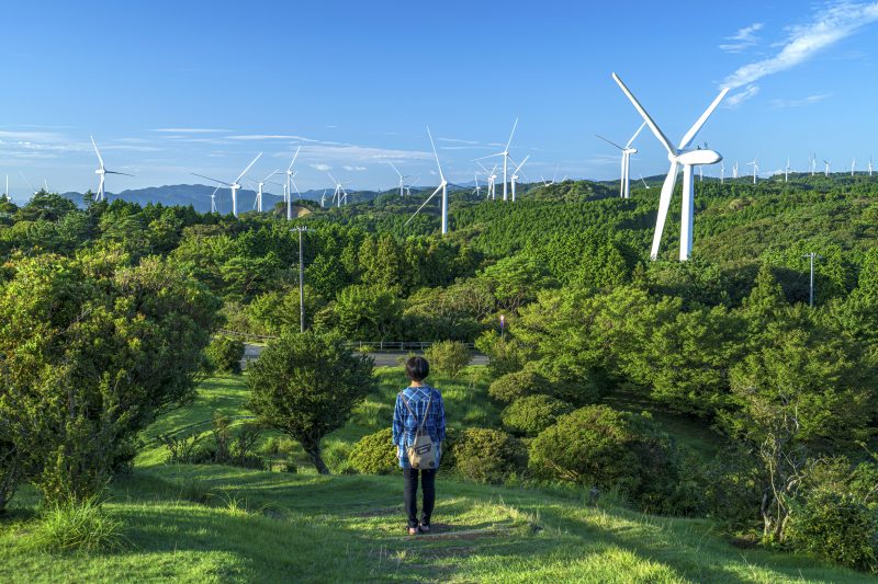 青山高原の写真「三角点と風車」