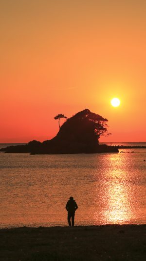 無料スマホ壁紙「ゴジラと夕陽を眺める人」