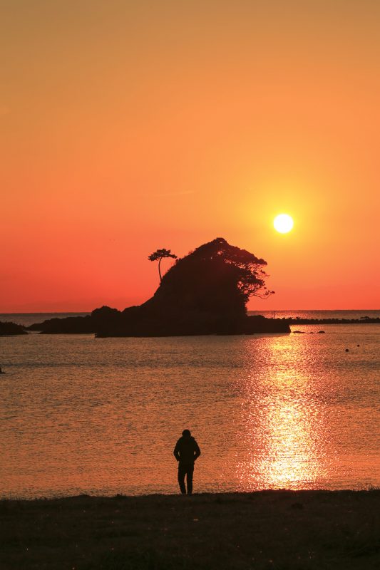 あづり浜の写真「ゴジラと夕陽を眺める人」