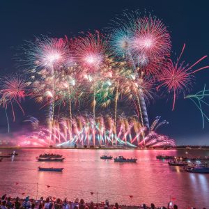 桑名水郷花火大会の写真「夜空に輝くピンクの連発花火」