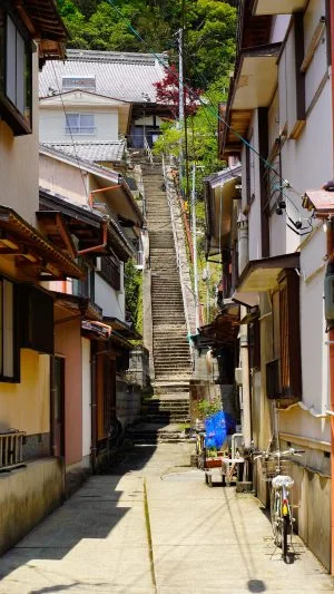 無料スマホ壁紙 お寺へ続く階段。AndroidとiPhoneに対応した4K高画質の無料待ち受け画像。三重県尾鷲市の須賀利町で撮影したフリー写真素材