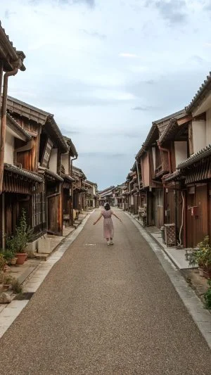 無料壁紙 レイトロな街道を歩く人。PCとデスクトップ壁紙に最適な4K高画質の無料壁紙。三重県亀山市の東海道関宿で撮影したフリー写真素材