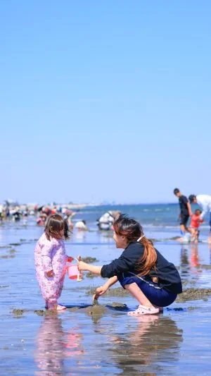 無料スマホ壁紙 潮干狩りを楽しむ親子。AndroidとiPhoneに対応した4K高画質の無料待ち受け画像。三重県津市の御殿場海岸で撮影したフリー写真素材