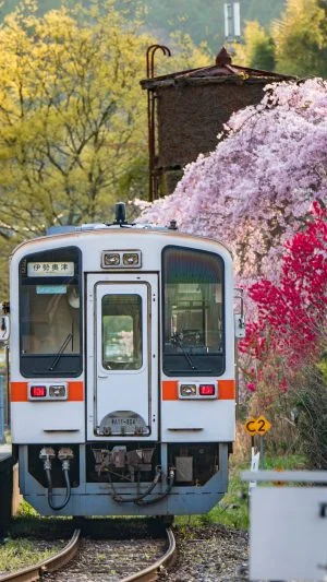 無料壁紙 伊勢奥津駅の花桃と給水塔。PCとデスクトップ壁紙に最適な4K高画質の無料壁紙。三重県津市の名松線で撮影したフリー写真素材