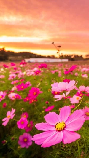 無料スマホ壁紙 夕焼けコスモス。AndroidとiPhoneに対応した4K高画質の無料待ち受け画像。三重県津市のとことめの里 一志で撮影したフリー写真素材