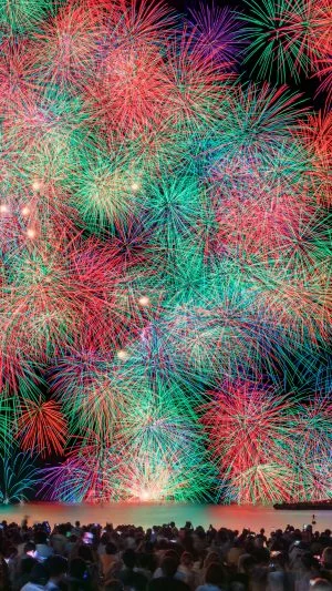 無料スマホ壁紙 2024年の彩色千輪菊（鬼ヶ城大仕掛け）。AndroidとiPhoneに対応した4K高画質の無料待ち受け画像。三重県熊野市の熊野大花火大会で撮影したフリー写真素材