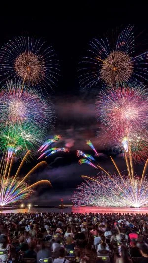 無料スマホ壁紙 水中花火との共演。AndroidとiPhoneに対応した4K高画質の無料待ち受け画像。三重県鈴鹿市の鈴鹿げんき花火大会で撮影したフリー写真素材