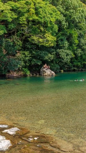 無料壁紙 浅瀬で遊べる川遊びエリア_遊ぶ人が多い様子（内宮A4駐車場近く）。PCとデスクトップ壁紙に最適な4K高画質の無料壁紙。三重県伊勢市の五十鈴川で撮影したフリー写真素材