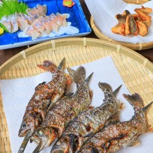 無料スマホ壁紙 ニジマス・あまご料理（縦サイズ）。AndroidとiPhoneに対応した4K高画質の無料待ち受け画像。三重県津市の大吉あまごセンターで撮影したフリー写真素材