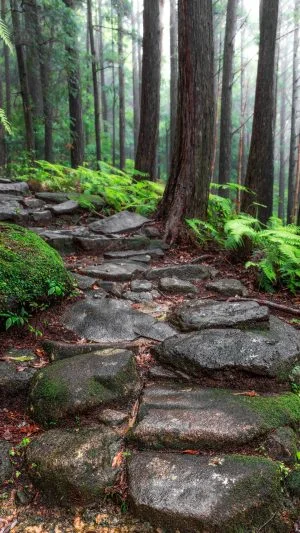 無料スマホ壁紙 雨に濡れてしっとり映る石畳（尾鷲側）。AndroidとiPhoneに対応した4K高画質の無料待ち受け画像。三重県紀北町の馬越峠で撮影したフリー写真素材