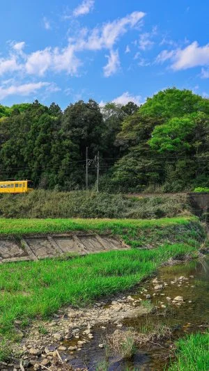 無料壁紙 めがね橋周辺を走るイエロー車両。PCとデスクトップ壁紙に最適な4K高画質の無料壁紙。三重県鉄道の三岐鉄道北勢線で撮影したフリー写真素材