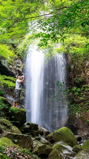 無料壁紙 伊賀の天然水を滝で飲むサイト管理人。PCとデスクトップ壁紙に最適な4K高画質の無料壁紙。三重県伊賀市の白藤滝で撮影したフリー写真素材
