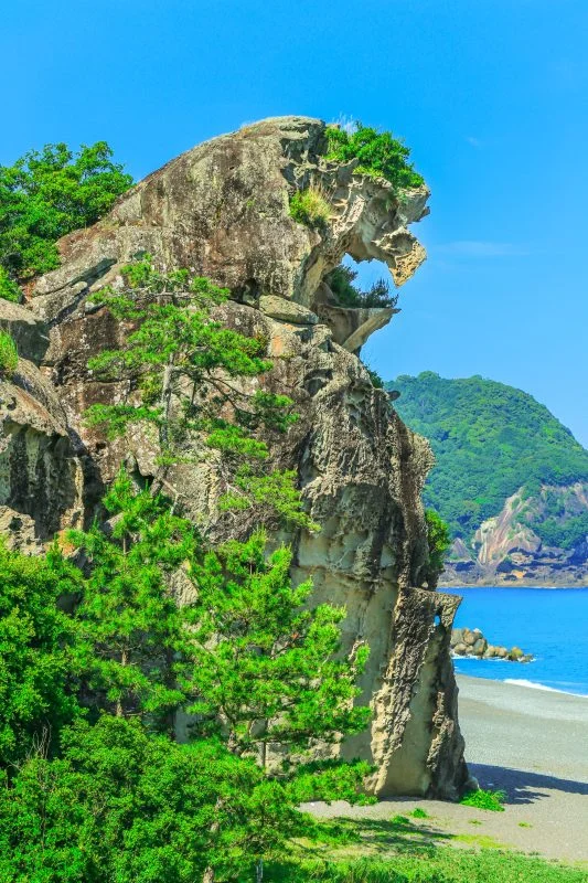 無料スマホ壁紙 新緑の獅子岩と鬼ヶ城。AndroidとiPhoneに対応した4K高画質の無料待ち受け画像。三重県熊野市の獅子岩で撮影したフリー写真素材