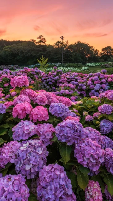 無料壁紙 紫陽花と夕焼けのハーモニー。PCとデスクトップ壁紙に最適な4K高画質の無料壁紙。三重県津市のかざはやの里で撮影したフリー写真素材