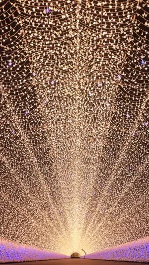 無料スマホ壁紙 光のトンネル（縦サイズ）。AndroidとiPhoneに対応した4K高画質の無料待ち受け画像。三重県桑名市のなばなの里で撮影したフリー写真素材