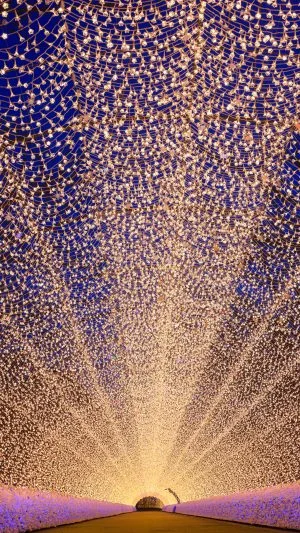 運気が上がる待ち受け 200mの光のトンネル。AndroidとiPhoneに対応した4K高画質の無料スマホ壁紙。三重県桑名市のなばなの里で撮影したフリー写真素材