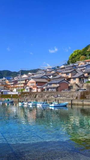 無料壁紙 新緑に輝く町並み。PCとデスクトップ壁紙に最適な4K高画質の無料壁紙。三重県尾鷲市の古江町で撮影したフリー写真素材