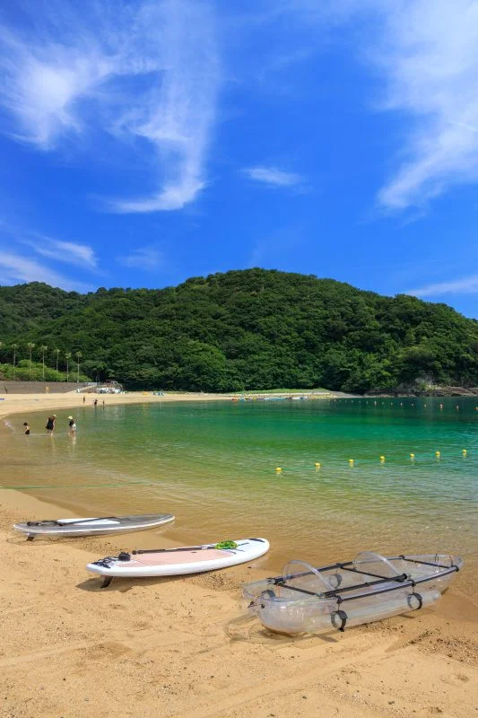 無料スマホ壁紙 海水浴で賑わうビーチ（縦）。AndroidとiPhoneに対応した4K高画質の無料待ち受け画像。三重県紀北町の城ノ浜プール＆ビーチで撮影したフリー写真素材