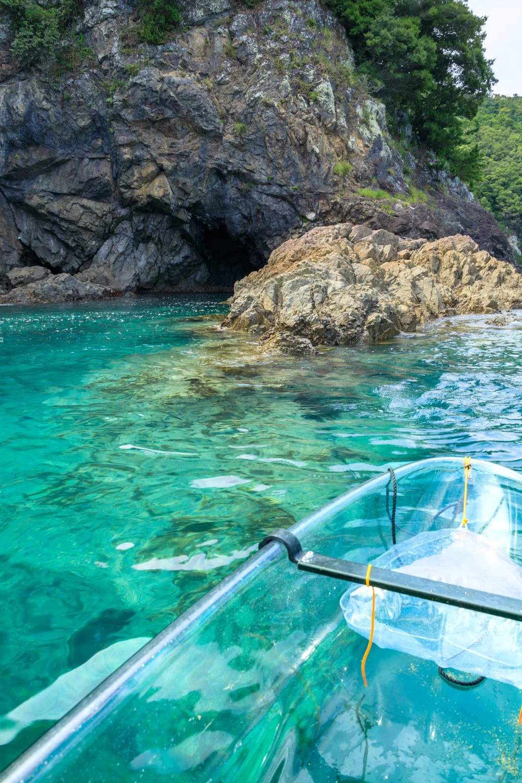 無料スマホ壁紙 クリアシーカヤックで遊覧（縦サイズ）。AndroidとiPhoneに対応した4K高画質の無料待ち受け画像。三重県紀北町の城ノ浜プール＆ビーチで撮影したフリー写真素材