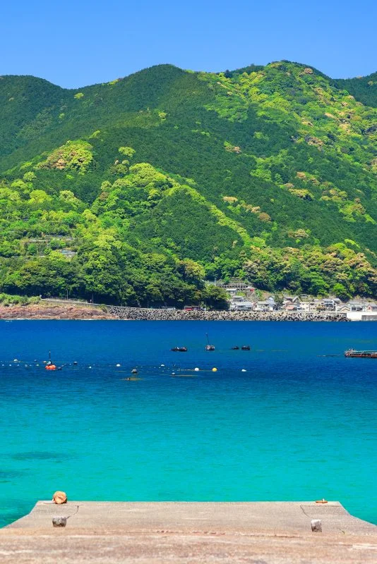 無料スマホ壁紙 鳥居から眺める二木島町の町並み。AndroidとiPhoneに対応した4K高画質の無料待ち受け画像。三重県熊野市の阿古師神社で撮影したフリー写真素材