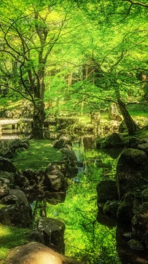 無料スマホ壁紙 眩しい新緑の庭園。AndroidとiPhoneに対応した4K高画質の無料待ち受け画像。三重県津市の北畠神社で撮影したフリー写真素材