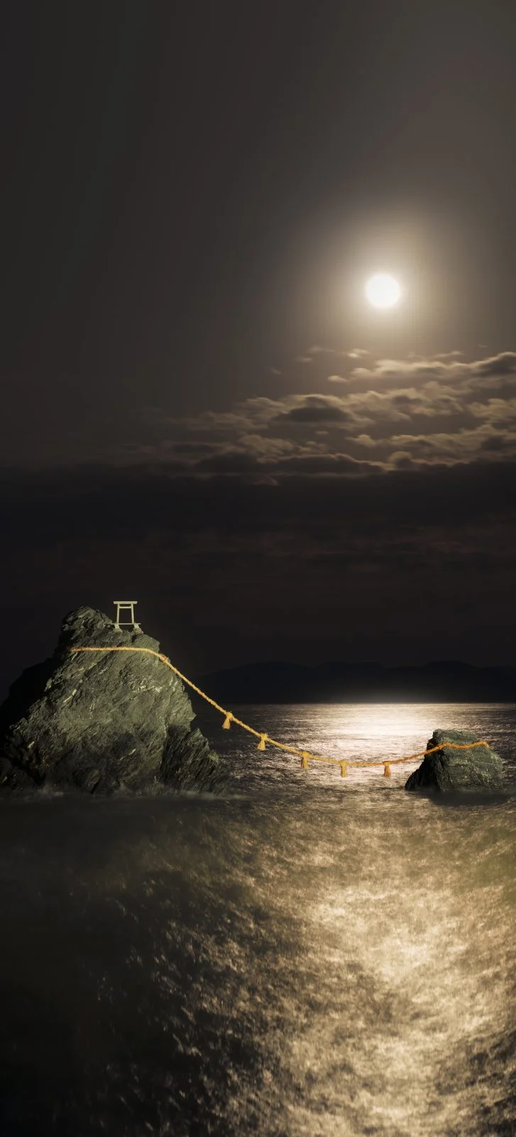 運気が上がる待ち受け 夫婦岩と満月と白波。AndroidとiPhoneに対応した4K高画質の無料スマホ壁紙。三重県伊勢市の夫婦岩で撮影したフリー写真素材